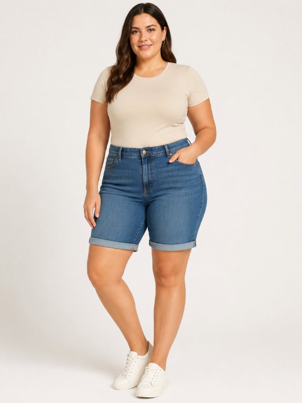 Style & Co Woman Skimmer Bermuda Shorts Plus  Blue Denim Cuffed Walking Shorts